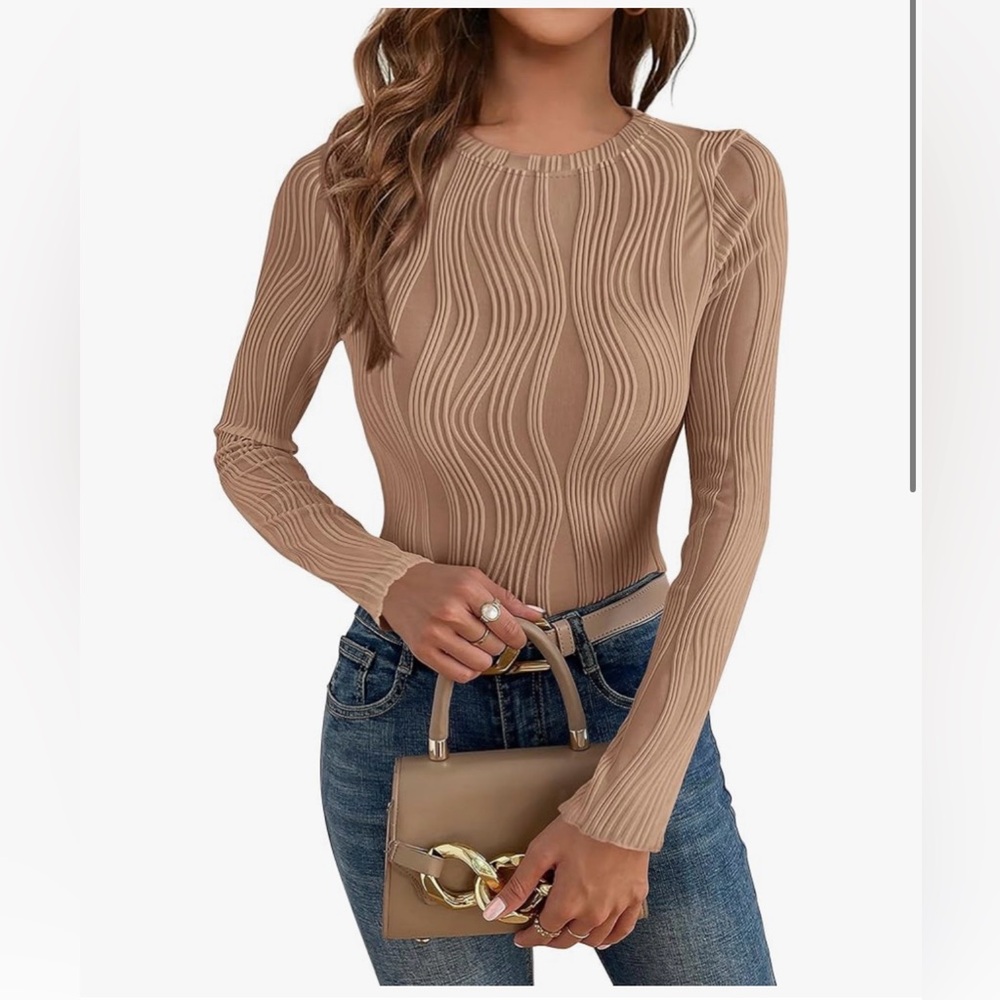 Elegant Tan Ribbed Long Sleeve Top